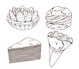 Dessert Collection, strawberry tart, cream puff, mille crepe cake, crepe