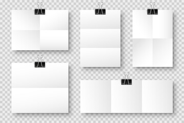 Fototapeta premium Blank folded paper sheets with binder clips. White notebook or book page and metal holder. Design template or mockup. Vector illustration.