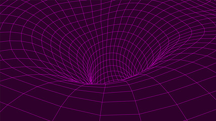 Futuristic blue funnel. Wireframe space travel tunnel. Abstract pink wormhole with surface warp. Vector illustration.