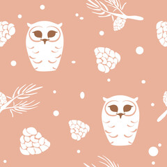 seamless pattern with snowy polar owl, white cones, pine branches, vector illustration