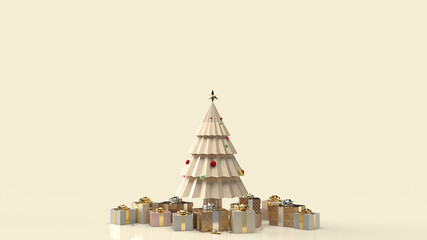 The gold Christmas tree and gift box for new year content 3d rendering..
