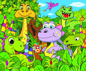 Set of different funny dinosaurs in the jungle.