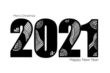 Illustration doodle abstract  isolated white background. Happy New Year & Merry Christmas 2021. Painting black text and drawing doodle abstract line. For card, greeting, banner, postcard, backdrop.