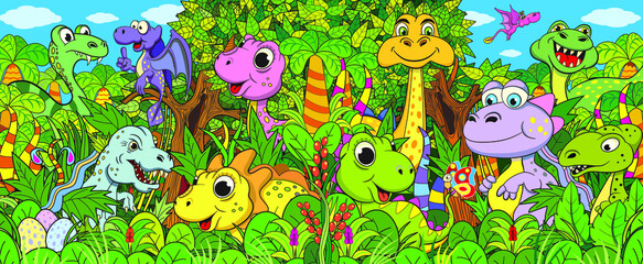 Set of different funny dinosaurs in the jungle.