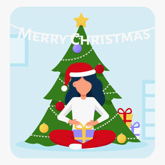 Cartoon girl with gift of a Christmas