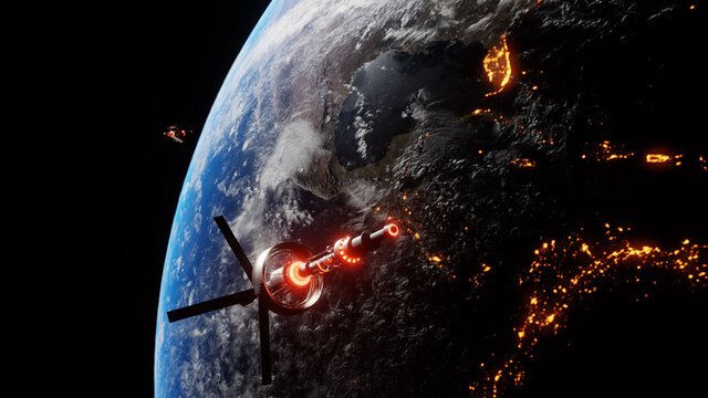 Science space ship floating above the earth among stars during the night for astronomy researching. Floating spaceship in the univers, shuttle into atmosphere. Images from NASA.