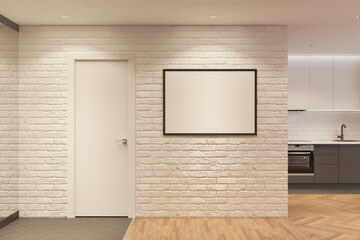 Hallway interior with mirror, door, a horizontal poster on a white brick wall, parquet floor, with kitchen in the background. 3d render