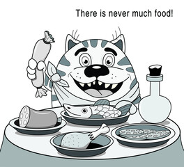 Funny Toothy Cat Glutton. Black and white