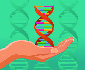 Open hand with DNA molecular structure genetics science image vector illustration.
DNA elements helix spiral.