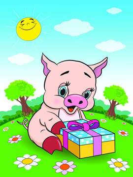 Funny happy pig with a gift