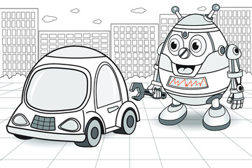 Funny robot repairman and car