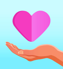 Giant huge open hand gesture with pink heart icon image.