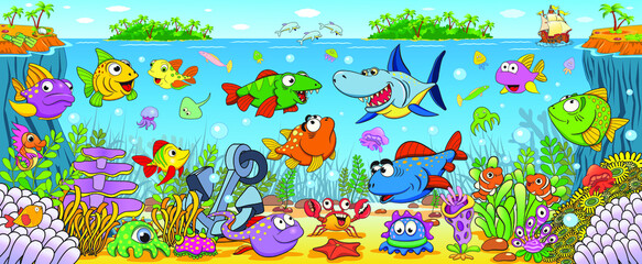 Underwater world with funny bright tropical fish.