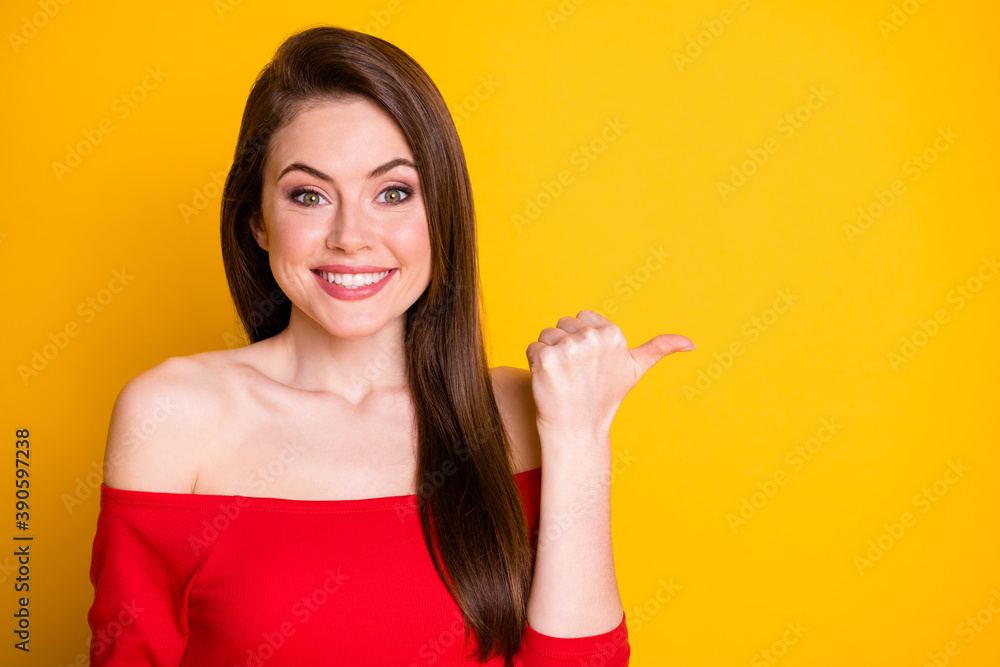 Sticker Close-up portrait of her she attractive lovable lovely cute gorgeous glad cheerful brown-haired girl demonstrating copyspace ad isolated bright vivid shine vibrant yellow color background