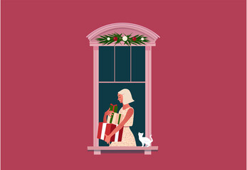 New Year or Christmas celebration. Lockdown. Quarantine life. Window frame with a woman holding presents in the boxes. Snow. Colorful vector illustration in modern flat style.