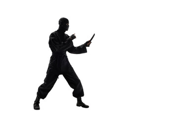 Fototapeta na wymiar japanese ninja in black uniform on white background
