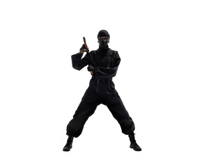 Fototapeta na wymiar japanese ninja in black uniform on white background