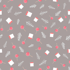 Christmas gift boxes with  pink bows, light fir branches, lollipop on calm gray-brown background. Seamless winter simple pattern. Suitable for packaging, wallpaper.