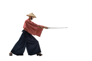 japanese samurai in historical uniform on white background