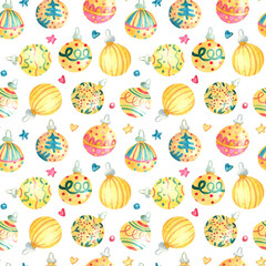 Watercolor seamless pattern with shining gold Christmas baubles or balls on white background. Beautiful  Xmas and New Year textile. Great for fabrics, wrapping papers, covers, kids or baby clothes.