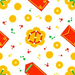 Red envelopes and coins amulets seamless pattern. Asian annual festival celebration background. Traditional China holiday symbols texture. Oriental Lunar New Year wrapping paper