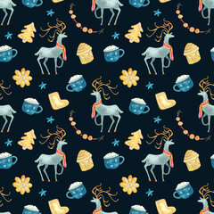 Watercolor seamless pattern with Christmas deers, gingerbreads, cappuccino, garlands on dark background. Beautiful Christmas textile. Great for fabrics, wrapping papers, covers, kids or baby clothes.