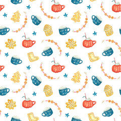 Watercolor seamless pattern with Xmas gingerbreads, mugs of cappuccino, garlands on white background. Beautiful Christmas textile. Great for fabrics, wrapping papers, covers, kids or baby clothes.