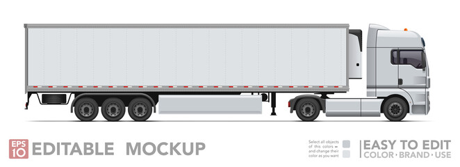 Editable semi truck mockup. Realistick tractor & refrigerated trailer on white background. Vector illustration. Collection © Paul Kovaloff