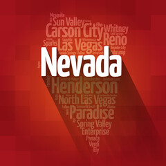 List of cities in Nevada USA state, map silhouette word cloud map concept