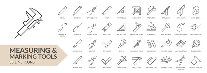 Measuring & marking tools line icon set. Isolated signs on white background. Vector illustration. Collection