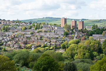 Fototapeta na wymiar A view of Stannington, Sheffield showing a variety of types of housing including high-rise flats, terraces and new builds