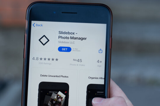 New York, USA - 1 May 2020: Slidebox Photo Manager app logo close-up on phone screen, Illustrative Editorial