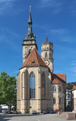 Fototapeta na wymiar Stiftskirche (Collegiate Church) at the Schillerplatz square in Stuttgart, Germany