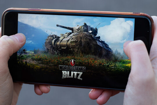New York, USA - 1 May 2020: World of Tanks Blitz game app logo close-up on phone screen, Illustrative Editorial