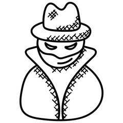 
A human avatar with hat on head and wearing particular coat presented as a hacker

