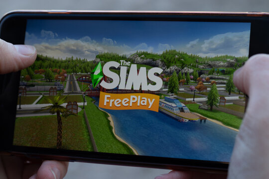 New York, USA - 1 May 2020: Sims FreePlay app logo close-up on phone screen, Illustrative Editorial