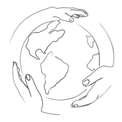Human hands holding the globe. Line art