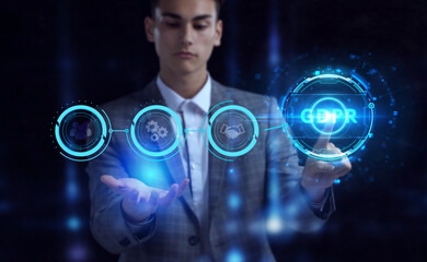 Business, Technology, Internet and network concept. Young businessman working on a virtual screen of the future and sees the inscription: GDPR