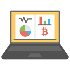 
A laptop screen with numerous pictorial sketch of graphs like pie, bar, line and all with this, it has bitcoin sign offering hasrate concept, the power bitcoin process consuming
