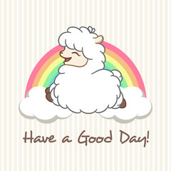 Naklejka premium Happy fluffy white llama, alpaca, sheep, animal jumping over a rainbow with clouds, with text 