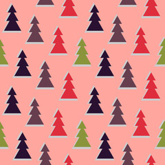 Greeting card for the new year. A set of simple geometric images of firs of different colors. Vector seamess pattern in a palette of Christmas colors