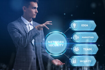 Business, Technology, Internet and network concept. Young businessman working on a virtual screen of the future and sees the inscription: Network security