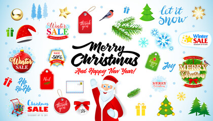 Set of Christmas and New Year design elements. Snowflakes, Santa Claus, christmas tree, gifts, calligraphy, lettering, animals and other elements. Vector illustration.