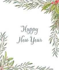 Hand-drawn watercolor template for greeting Christmas card with holly leaves and berries isolated on the white background. Decorative ornamental frame. Happy New Year