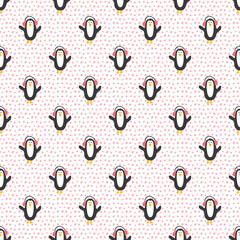 New Year and Christmas seamless pattern with penguins, hand drawn doodles Seamless Pattern. Background Vector Illustration