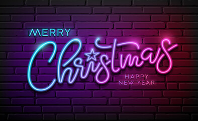Fototapeta na wymiar Merry christmas message neon light design blue and purple color, design on block wall black background, Eps 10 vector illustration