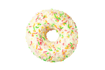 Donut in white glaze with colored sprinkles isolated on white background