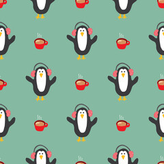 Obraz premium New Year and Christmas seamless pattern with penguins, hand drawn doodles Seamless Pattern. Background Vector Illustration