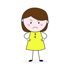 Doodle Girl Frown Face Standing With Akimbo Pose Cartoon Vector.