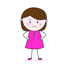 Doodle Girl Stickman Frown Face Standing With Akimbo Pose Cartoon Vector.